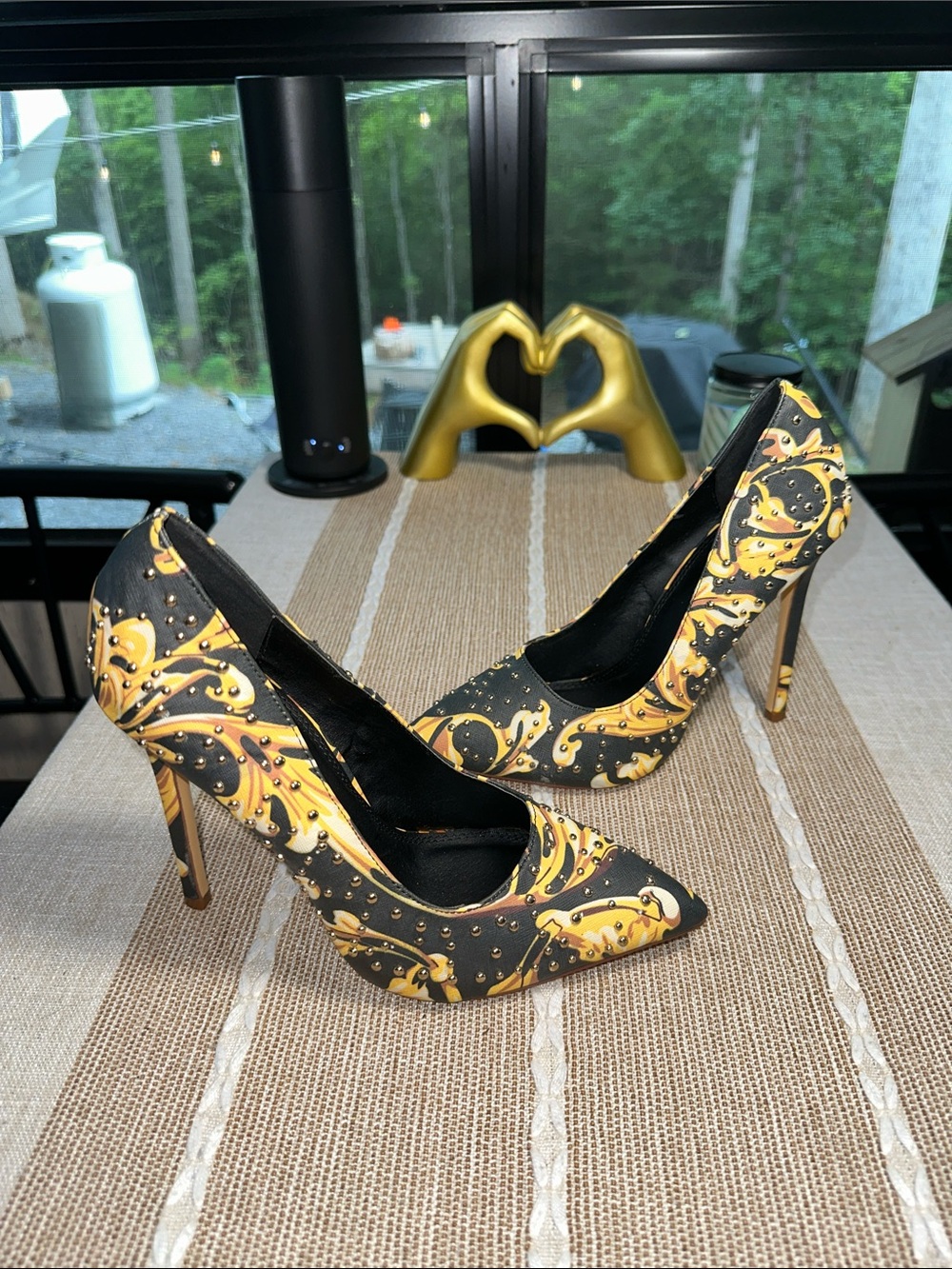 Liliana Black & Yellow Floral Studded Pointed Toe Pumps - Picture 7 of 7